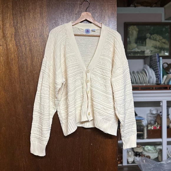 Bay Waters Vintage Unisex Cream Cardigan Sweater 100% Cotton Size Large